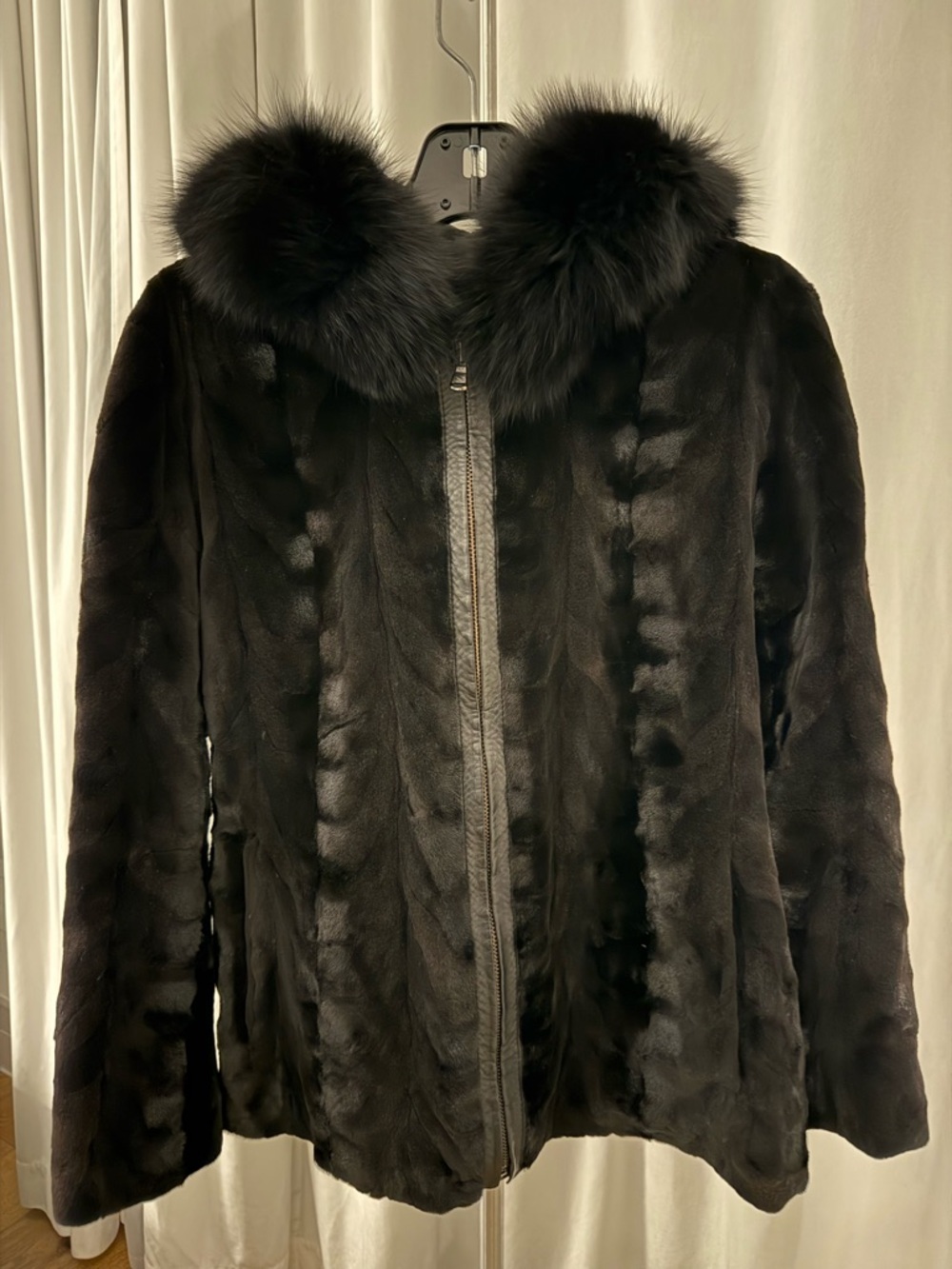 Black Mink Fur Leather Trim Zip-Front with Fox Fur Hood Women's Coat